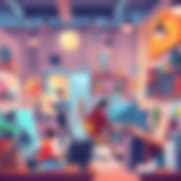 Creative Illustration A vibrant scene showcasing artists and innovators collaborating in a lively studio filled with art supplies and technology.