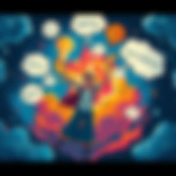 A vibrant artwork showing a person breaking free from traditional ideas, surrounded by thought bubbles of common beliefs, illustrating the power of imagination and creativity.