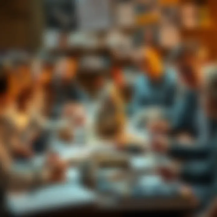 A group of people brainstorming funny names for their pet rats at a table, showcasing various ideas on paper and a rat statue in the center.