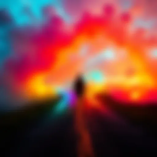 A person standing at a crossroads with vibrant colors representing different creative paths, looking inspired and ready to explore.