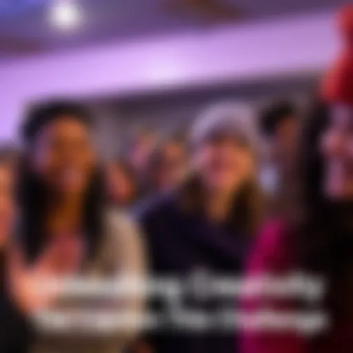 A group of diverse people laughing and writing captions for images during a creative challenge event