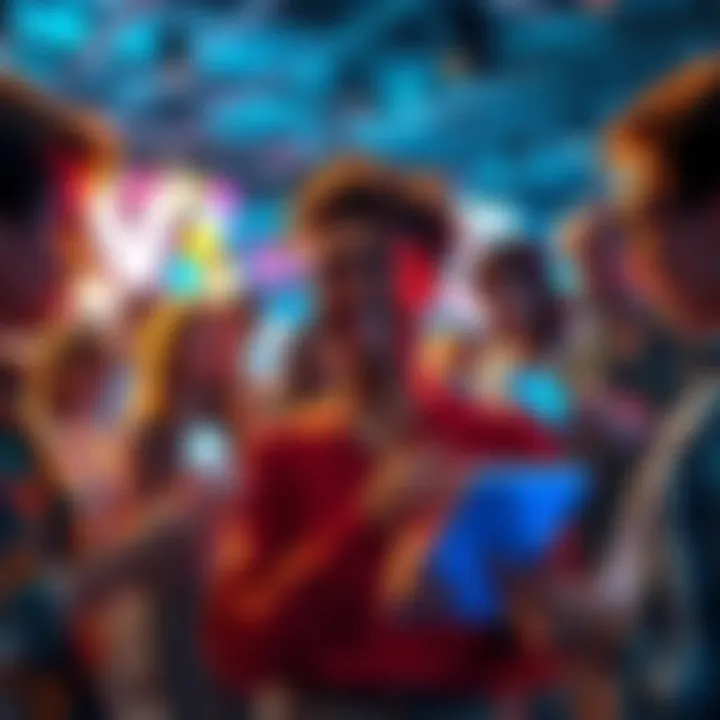 A vibrant online forum scene showing diverse people sharing unique content and ideas on their devices.
