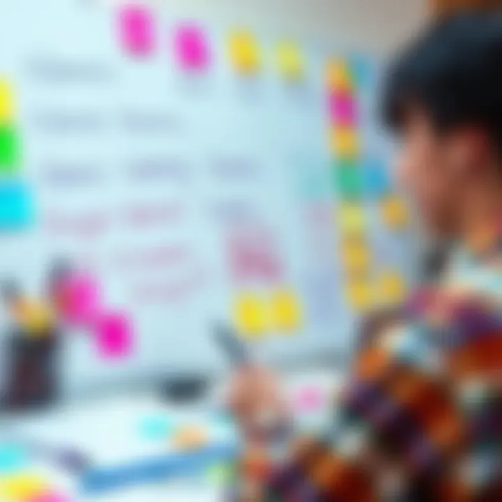 A person brainstorming names for a project on a whiteboard with colorful markers and sticky notes, surrounded by creative materials.