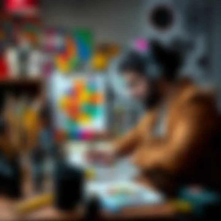 An artist working on a unique and colorful project, surrounded by art supplies and inspiration notes.