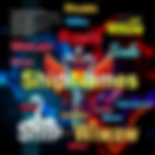 A colorful collage of ship names inspired by characters Rhodes and Willow, featuring elements like swans and metallic designs.