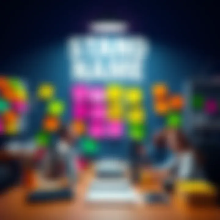 A brainstorming session with colorful sticky notes displaying various unique stand names, surrounded by diverse creative tools