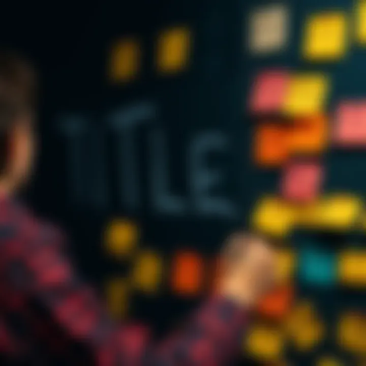 A person brainstorming new title ideas with sticky notes on a board, showcasing various creative title options.