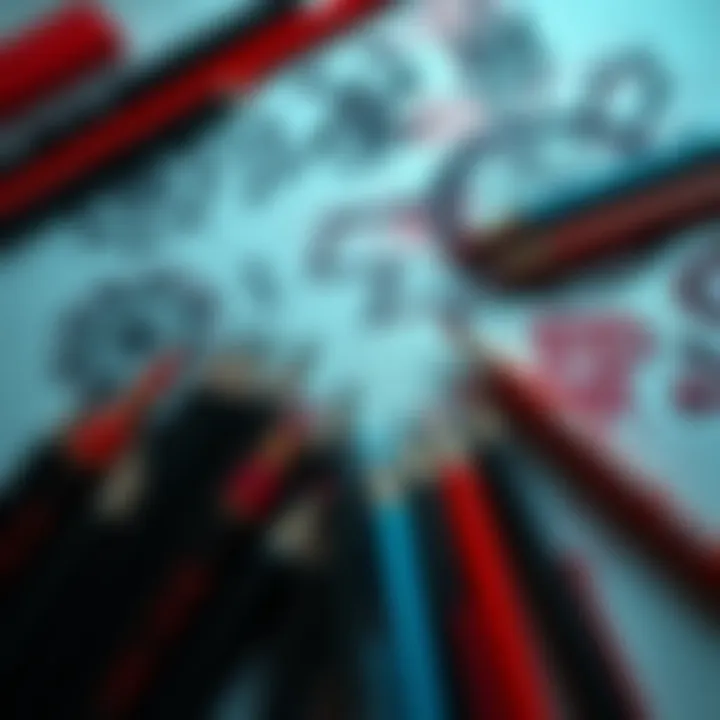 Creative Tools Depicting Evil A collection of markers and pens arranged to create dark, artistic symbols on a canvas, showcasing the theme of evil through creativity.