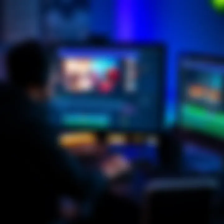 A person focused on editing a video on a computer, with colorful visuals displayed on the screen and editing software open.