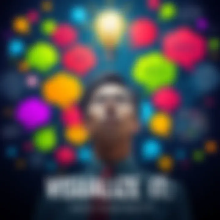 A person surrounded by colorful thought bubbles representing ideas and creativity, with a light bulb symbolizing inspiration above their head.
