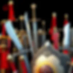 A variety of artistic swords and shields displayed together, showcasing unique designs and creativity.