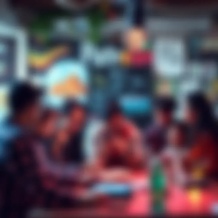 A group of diverse creators sharing ideas and collaborating, symbolizing community and support on a platform like Patreon, with visuals of art and digital content around them.