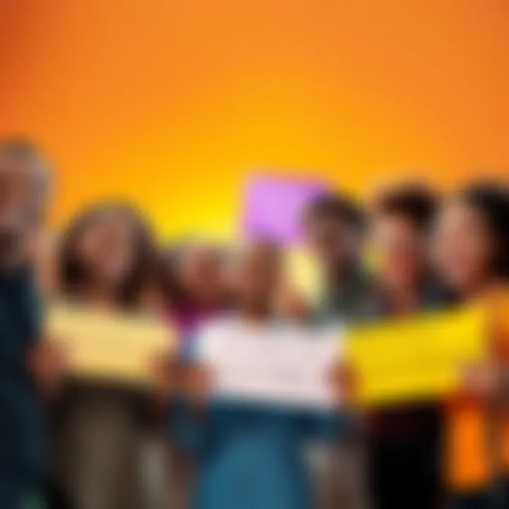 A group of diverse creators smiling and supporting one another, holding signs of positivity and respect, set against a bright background.