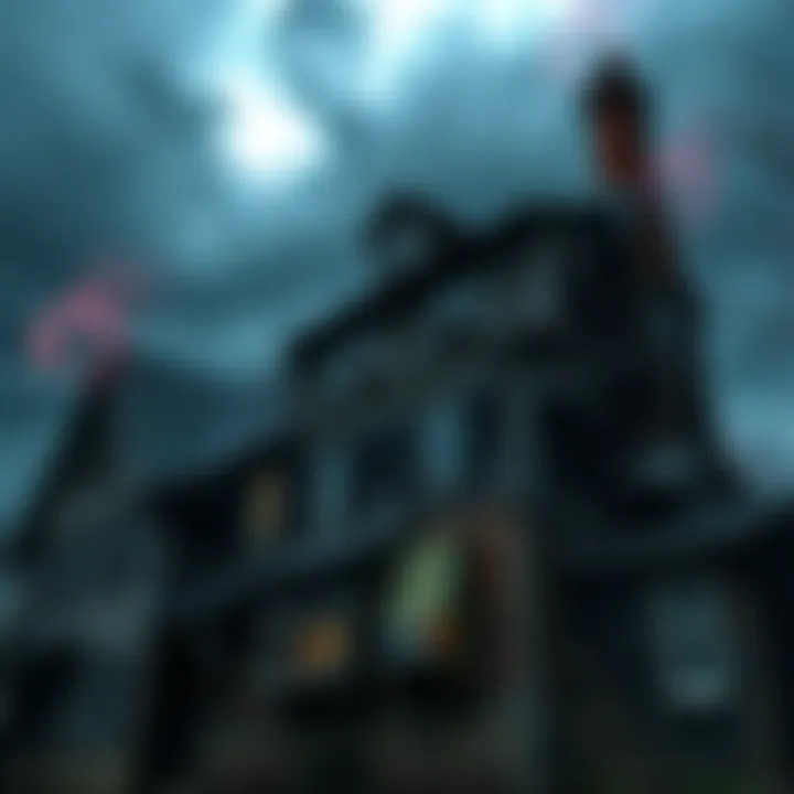 An old, weathered building in Innsmouth with a dark, cloudy sky overhead.
