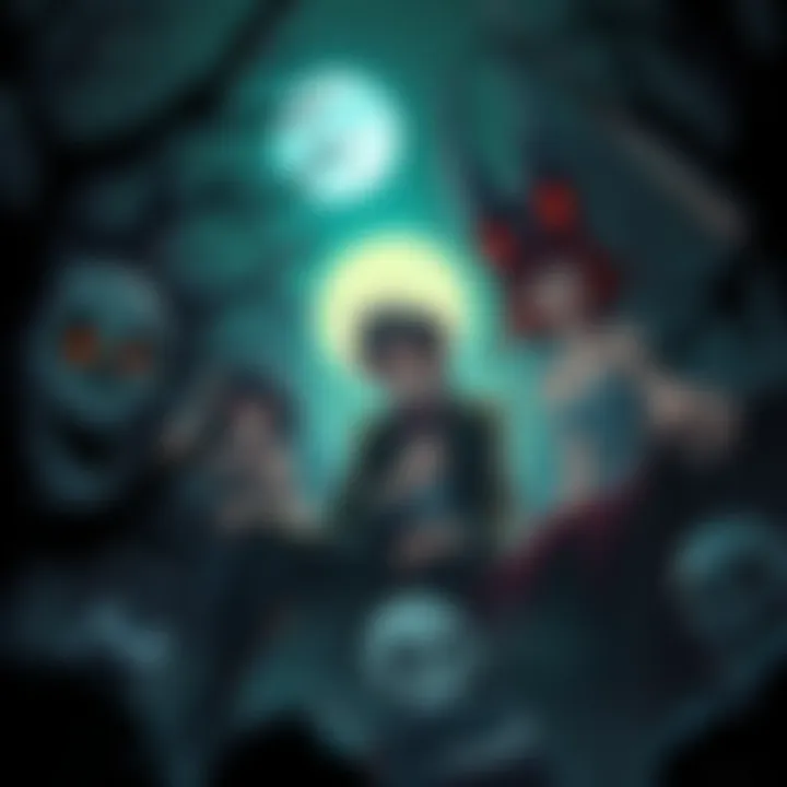 A dark and eerie illustration of JoJo characters in a spooky setting, conveying a creepy atmosphere.
