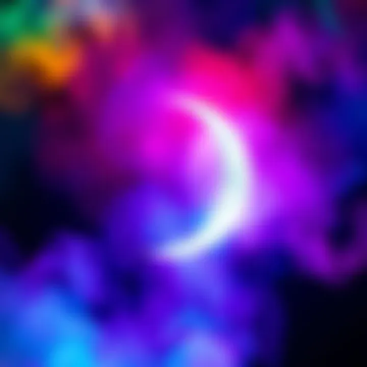 A crescent moon surrounded by vibrant colors representing trends and culture.