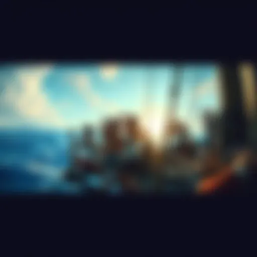 A diverse group of people on a ship looking for treasure in the ocean, inspired by One Piece. They are scanning the horizon with excitement and determination.