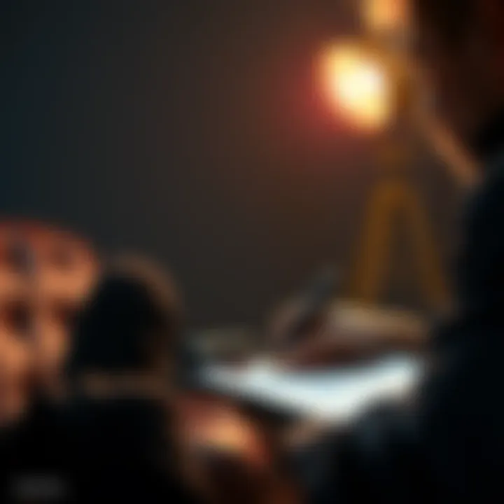 A person analyzing crime strategies with a notepad and pen, considering alternative methods to eliminate criminals, in a darkened room.