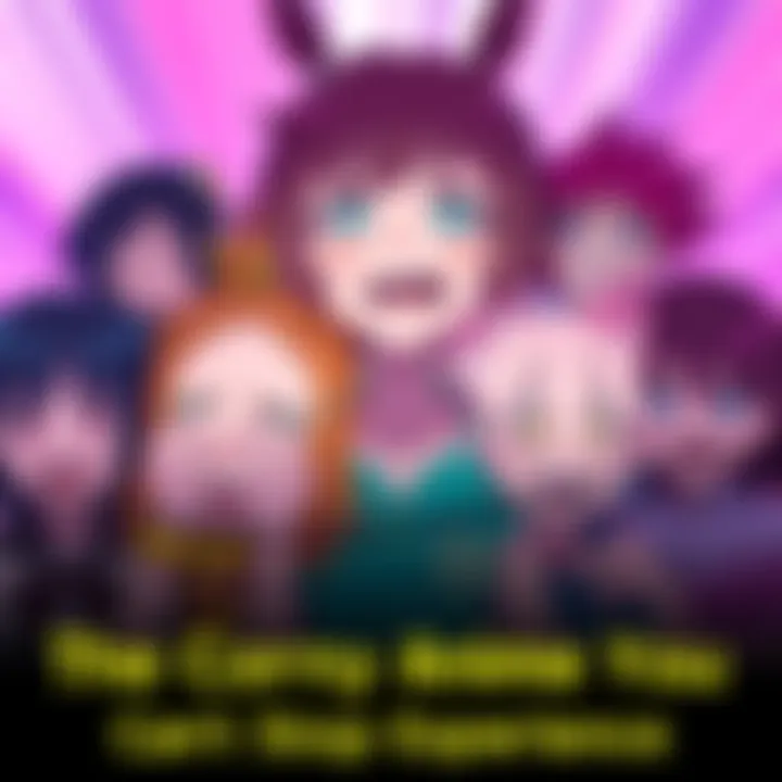 A group of exaggerated anime characters making funny expressions, showcasing typical over-the-top traits like large eyes and exaggerated poses, set against a colorful background.