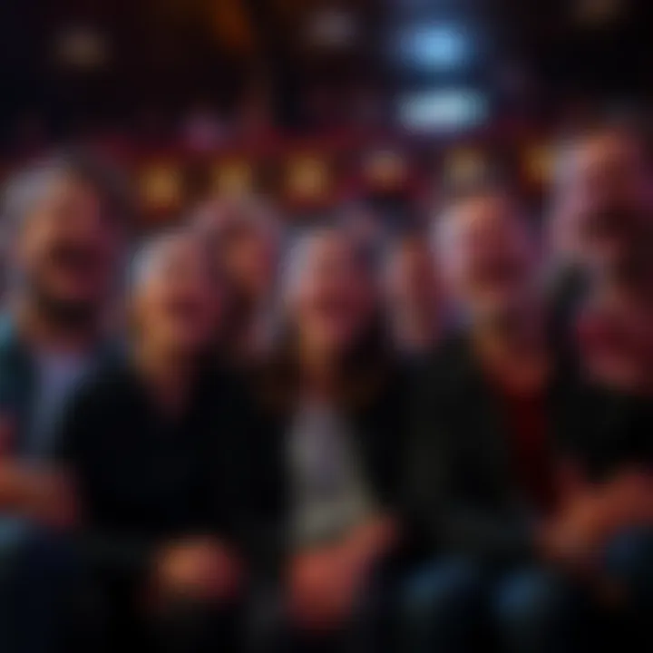 Cringe Comedy Scene A group of friends laughing at a cringe comedy show, with exaggerated expressions and funny gestures.