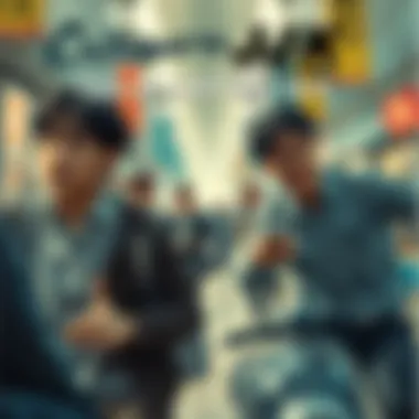 Critique of JJK's Storytelling Pacing A visual representation of the fast pacing issues in JJK's storytelling, showing characters in a hurried scene with a backdrop of chaotic moments and unresolved story threads.