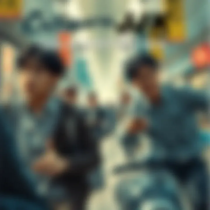 Critique of JJK's Storytelling Pacing A visual representation of the fast pacing issues in JJK's storytelling, showing characters in a hurried scene with a backdrop of chaotic moments and unresolved story threads.