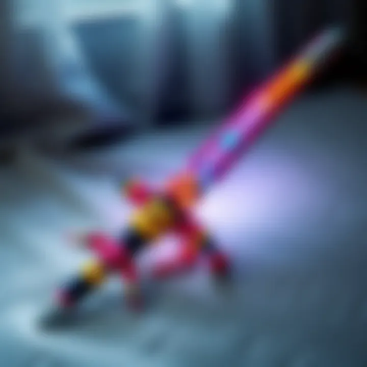 A beautifully crafted crocheted Excalibur sword, showcasing intricate patterns and vibrant colors, placed on a soft background.