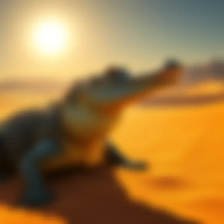 A crocodile with a broad neck and thick fur coat resting in a desert landscape under the sun