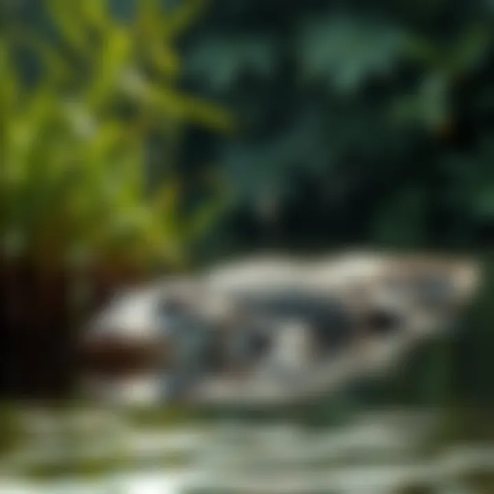 Crocodile in a River A crocodile resting on the riverbank surrounded by lush greenery