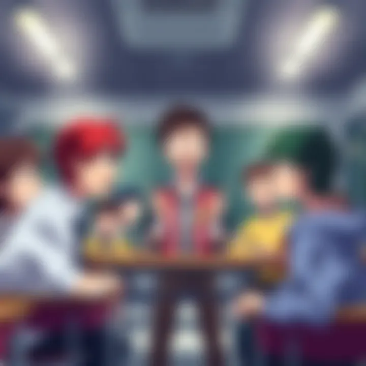 Cromartie High School characters in a comedic scene A group of eccentric students from Cromartie High School engaging in funny antics in a classroom setting