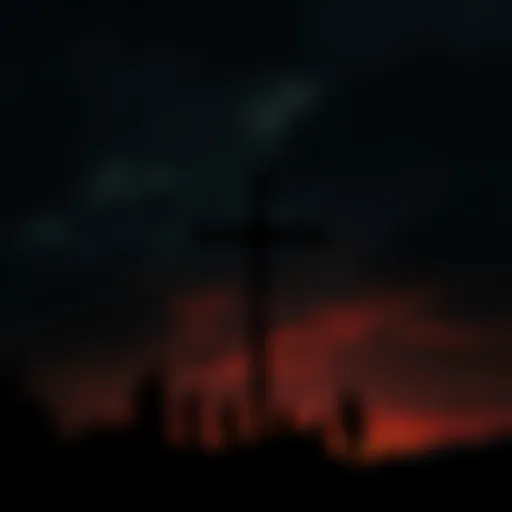A cross silhouetted against a dark, ominous sky, symbolizing a troubled history. Faunus figures stand in the background, looking towards the cross with concern.