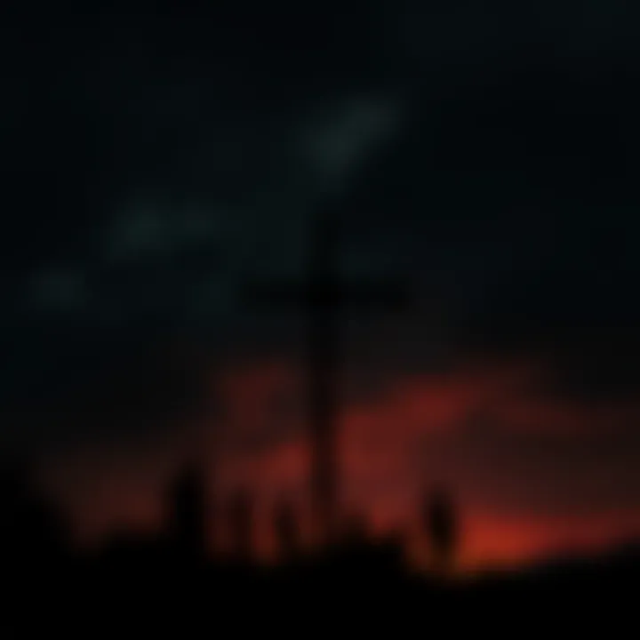 A cross silhouetted against a dark, ominous sky, symbolizing a troubled history. Faunus figures stand in the background, looking towards the cross with concern.