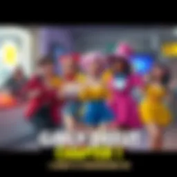 A group of characters dressed in vibrant outfits, laughing and engaging in playful antics, showcasing their humorous crossdressing adventures.