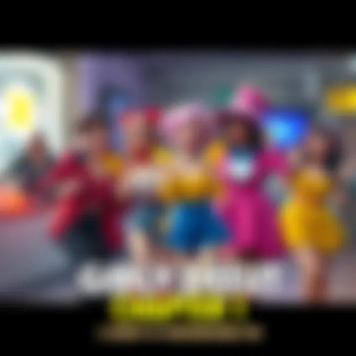 A group of characters dressed in vibrant outfits, laughing and engaging in playful antics, showcasing their humorous crossdressing adventures.