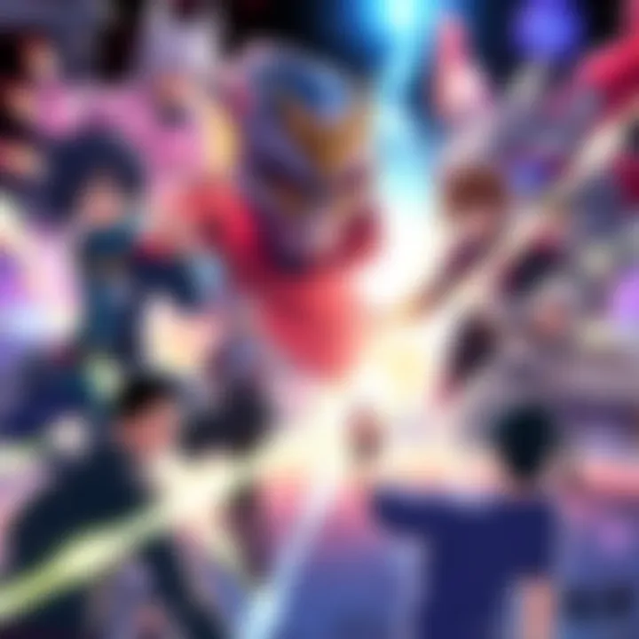 A collage showing various main protagonists from different shows interacting in the Gurren environment, highlighting dynamic character interactions.