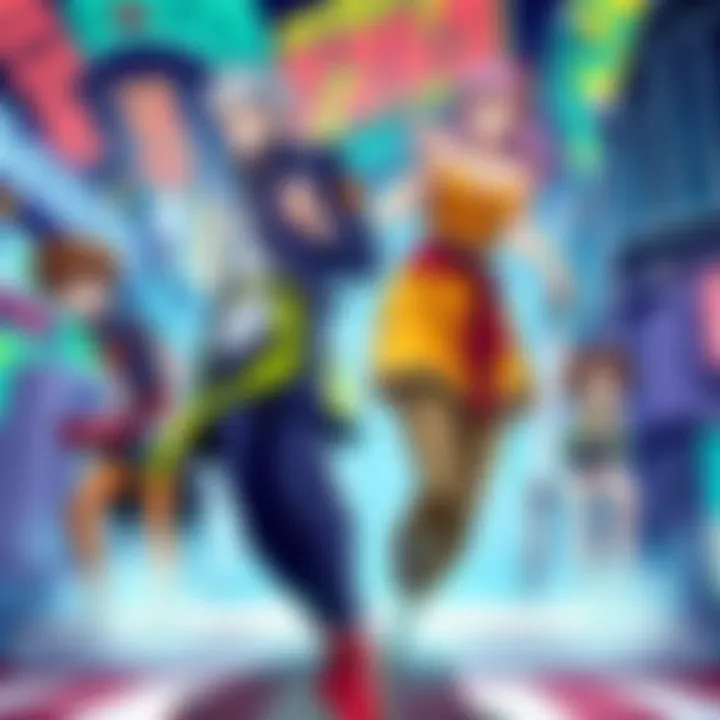 Illustration of non-JoJo characters styled like JoJo characters in a vibrant and dynamic scene