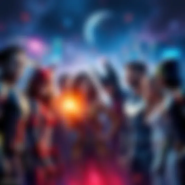 A group of well-known characters from different stories interacting in a lively scene, showcasing the excitement of crossovers.