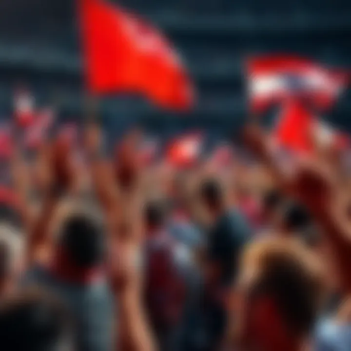Spectators cheering and waving flags during the 100 meters race event