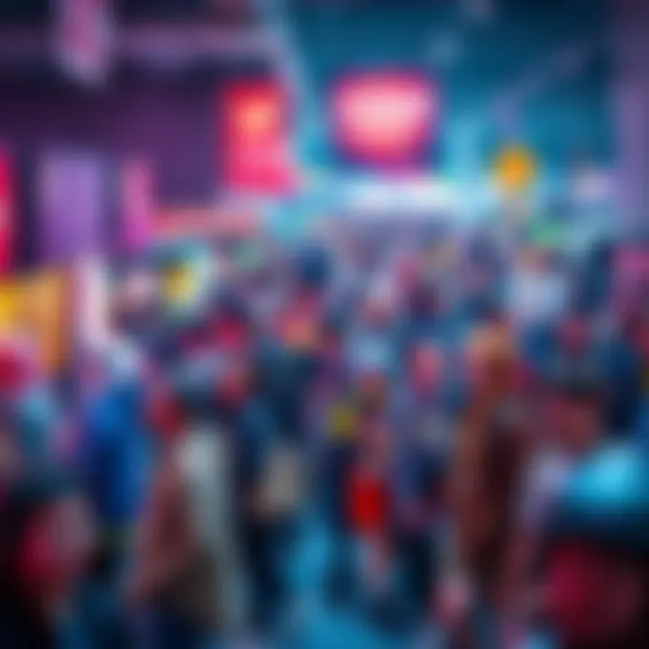 A large group of attendees enjoying Anime NYC 2025, showcasing colorful cosplay costumes and various gaming setups.