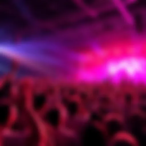 Excited crowd cheering at a concert with bright lights and a stage in view