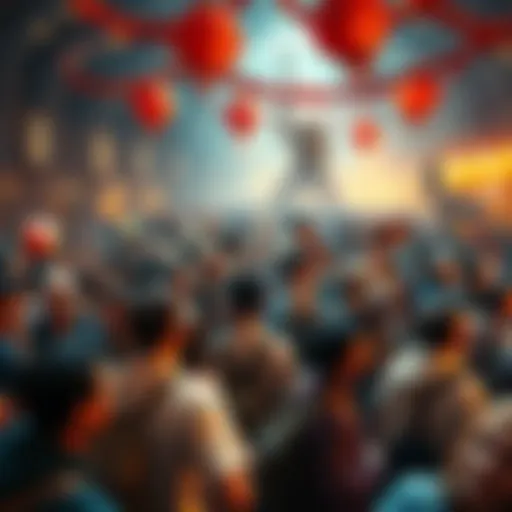 A chaotic crowd gathered at the Bookwyrm Rampage, with people expressing excitement and confusion. Decorations and book-themed displays are visible.