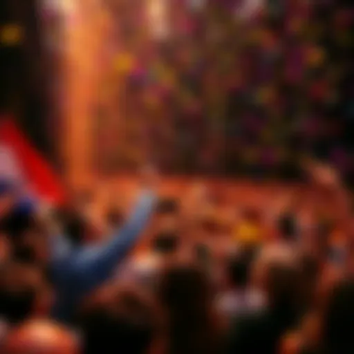 A large crowd is gathered at an event, cheering and celebrating as colorful confetti falls from above.