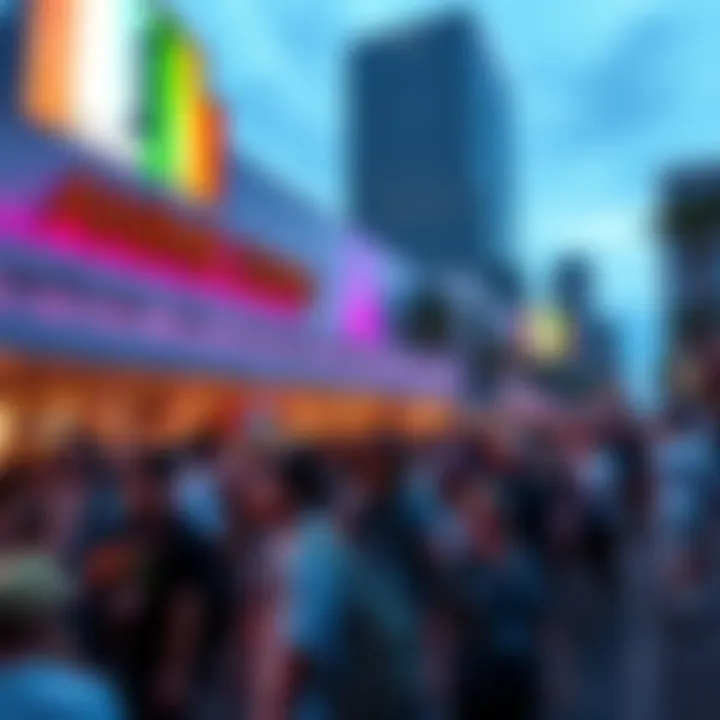 A busy street scene outside the Los Angeles Convention Center with people attending Anime Expo, showcasing a lively atmosphere and city buildings in the background.