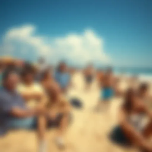A crowded beach scene showing people looking frustrated with sand in their belongings and limited space to relax.