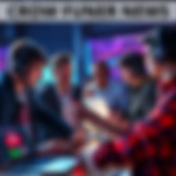 People discussing concerns about Mugen Gaming's crowdfunding strategy with laptops and papers.