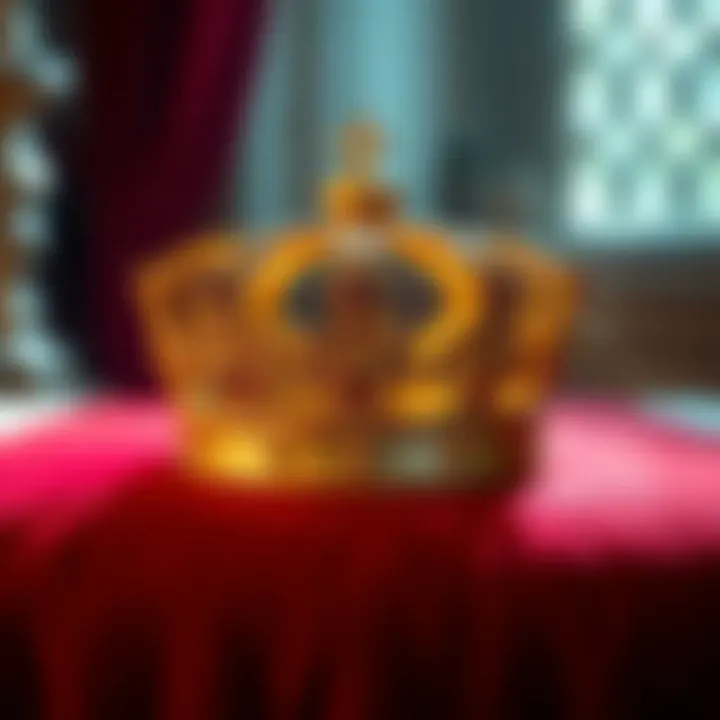 A golden crown resting on a rich velvet cushion, representing royal authority and tradition