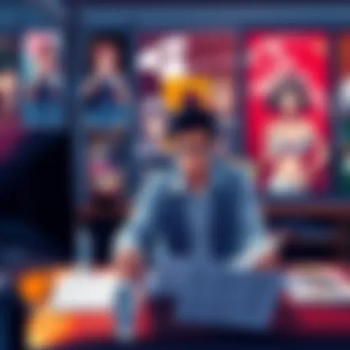 A person reviewing copyright documents related to anime, with a computer and anime posters in the background.