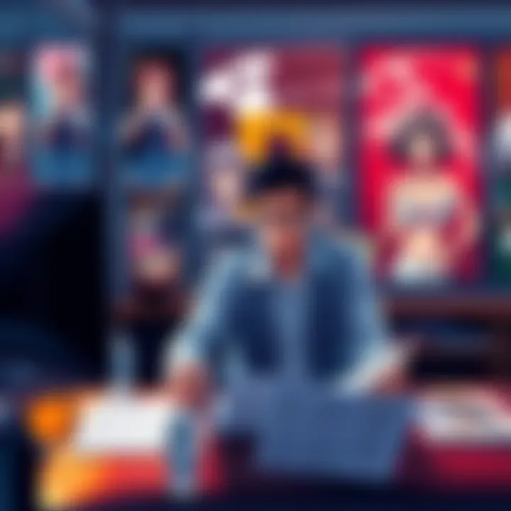 A person reviewing copyright documents related to anime, with a computer and anime posters in the background.