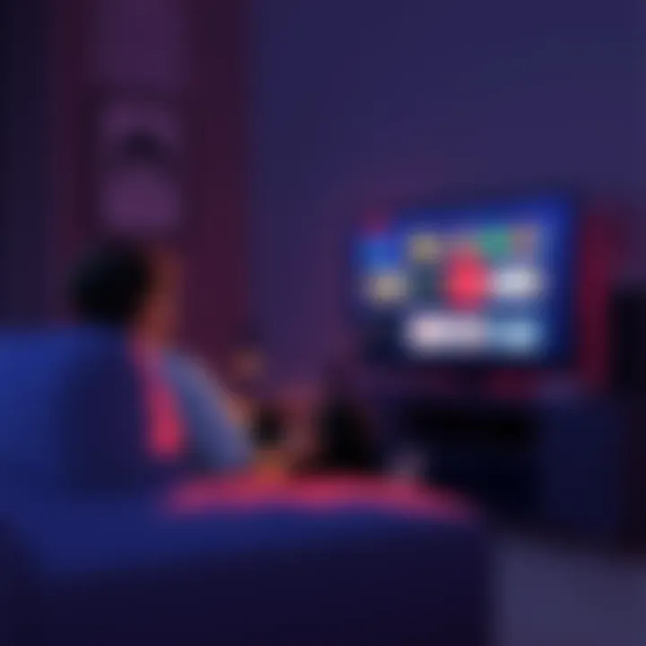 A person sitting on a couch watching anime on a TV with Crunchyroll interface displayed