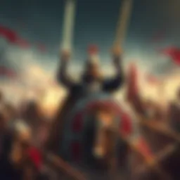 Crusader Chen in Battle Crusader Chen leading troops in a fierce battle with swords and shields raised, surrounded by allies and enemies in a medieval setting.